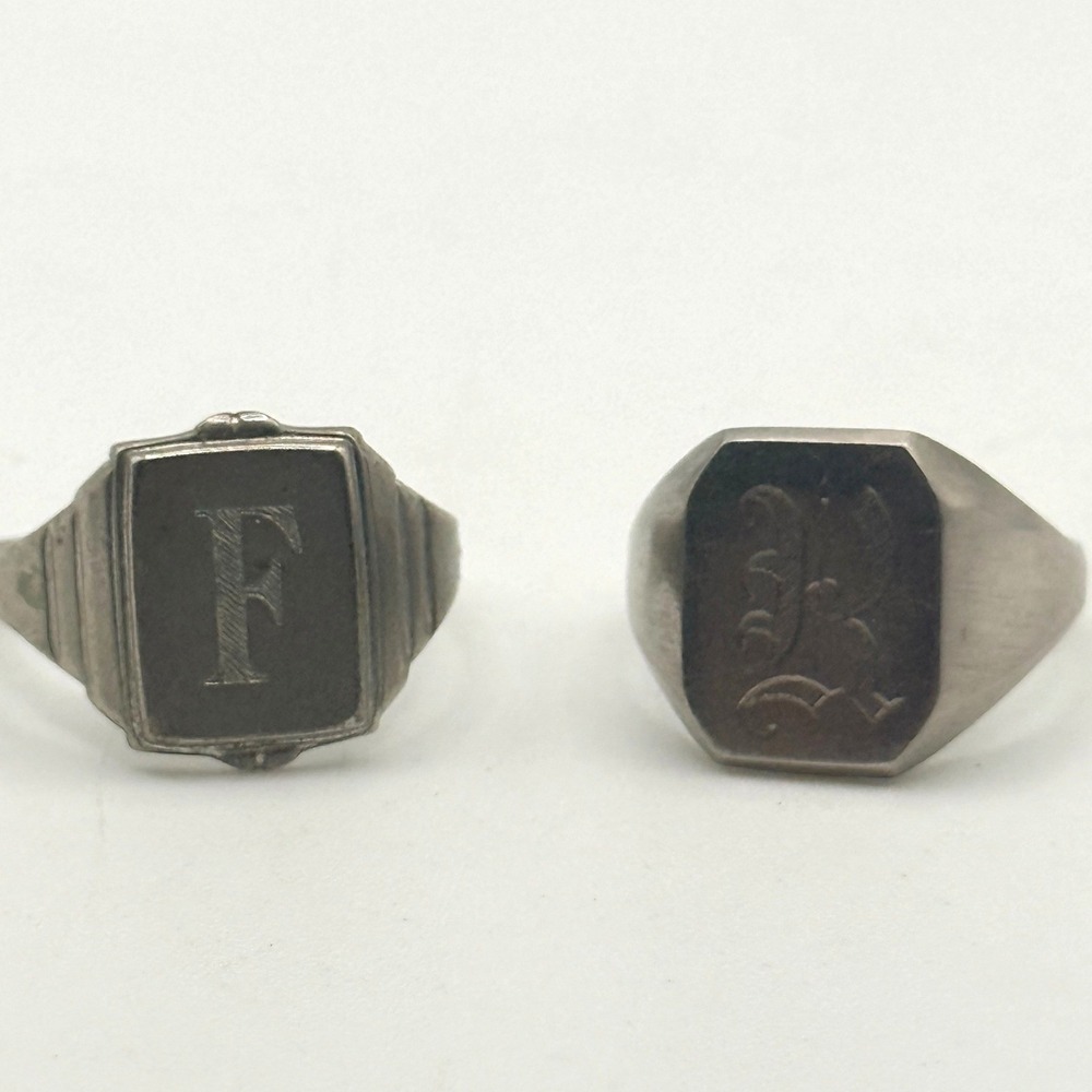 Vintage Signet Rings Lot of Two F and R Silver Tone Adjustable and Size 6